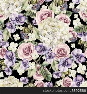 Bright watercolor seamless pattern with flowers  roses, anemones and hydrangea. Illustration. Bright watercolor seamless pattern with flowers  roses, anemones and hydrangea. 