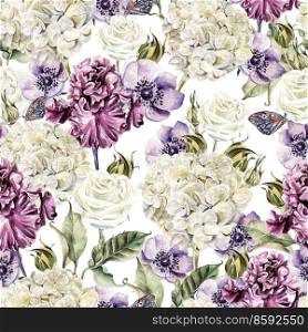 Bright watercolor seamless pattern with flowers roses, irises, anemones and hydrangea. Illustration. Bright watercolor seamless pattern with flowers roses, irises, anemones and hydrangea. 