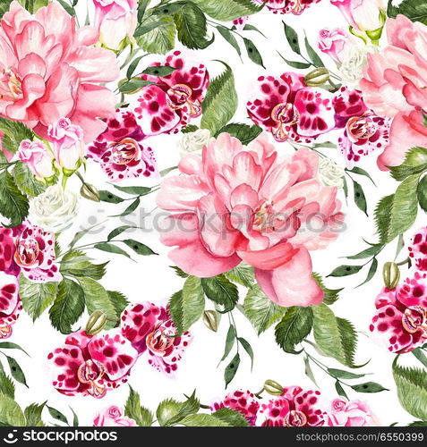 Bright watercolor seamless pattern with flowers roses, peony and. Bright watercolor seamless pattern with flowers roses, peony and orchids. . Bright watercolor seamless pattern with flowers roses, peony and orchids. Illustration.