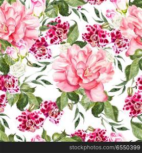 Bright watercolor seamless pattern with flowers roses, peony and. Bright watercolor seamless pattern with flowers roses, peony and orchids. . Bright watercolor seamless pattern with flowers roses, peony and orchids. Illustration.