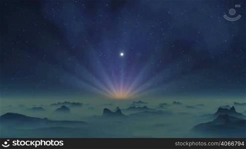 Bright white glowing object (UFO) quickly falls behind the horizon in the radiant glow. Flashes of bright orange light. Mountains and the lowlands of the planet covered with a dense fog.