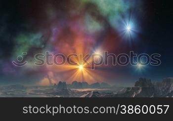 Bright yellow and blue stars shine on the background color changing nebula. They illuminate the rocky terrain fantastic planet. Above the surface of light haze.