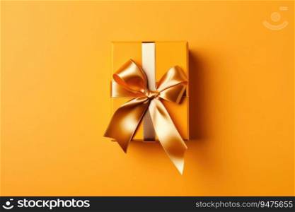 Bright yellow gift present box with ribbon on yellow background. Generative AI