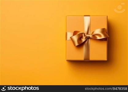 Bright yellow gift present box with ribbon on yellow background. Generative AI