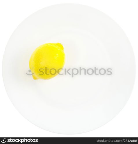 bright yellow lemon on white plate isolated on white background