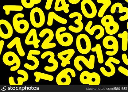 Bright yellow numbers from zero to nine on an isolated black background.