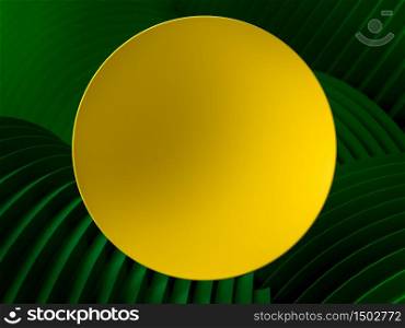 Bright yellow round frame or banner over green wavy background. Place your text or advertisemnt on copy space. Perfect background or mockup for placing your text or object. Copyspace. 3d render. Bright yellow round frame or banner over green wavy background. Place your text or advertisemnt on copy space. Perfect background or mockup for placing your text or object. Copyspace. 3d illustration