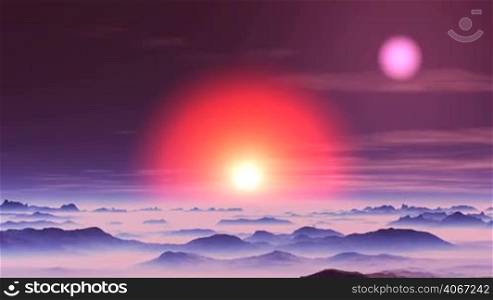 Bright yellow sun in the red halo is moving toward the horizon. Pink sun floats through the dark sky among the rare clouds. Mountains and hills stand among a dense pink mist.