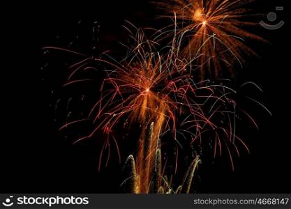brightly colorful fireworks. Colorful fireworks on the black sky background