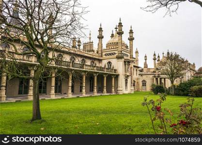 Brighton and Hove, East Sussex, UK - November 4, 2019: Historic Royal pavilion in Brighton, England. The Royal Pavilion, also known as the Brighton Pavilion, is a former royal residence located in Brighton, England.. Historic Royal pavillion in Brighton UK