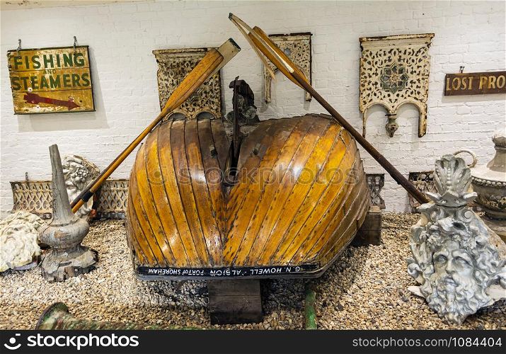 Brighton and Hove, East Sussex, UK - November 4, 2019: Part of an old fishing boat inside the brighton fishing museum. Part of an old fishing boat inside the brighton fishing museum