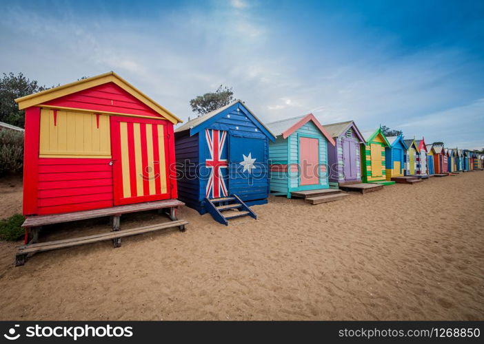 Brighton beach bathing boxes, Melbourne. Brighton beach located in the south of Melbourne. Bathing boxes are the well-known landmark of Birghton beach in Melbourne.