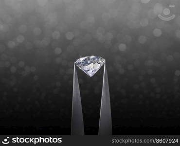 brillliant round diamond in tweezer on black shining bokeh background. concept for chossing best diamond gem design