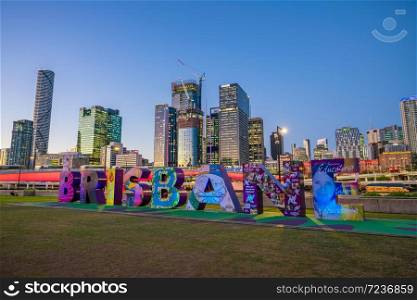 BRISBANE, AUSTRALIA - MAY 21, 2019: Brisbane sign for G20 Cultural Celebrations at South Bank at twilight in Australia
