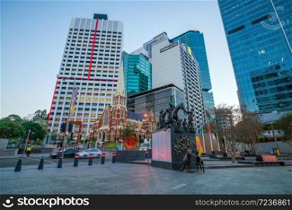 BRISBANE, AUSTRALIA - MAY 23, 2019: Downtown Brisbane city skyline at twilight in Australia