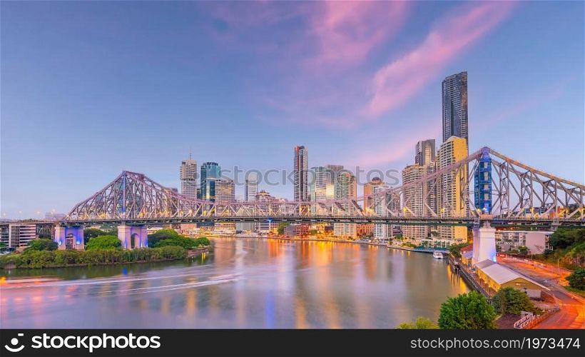 Brisbane city skyline and Brisbane river at sunset in Australia