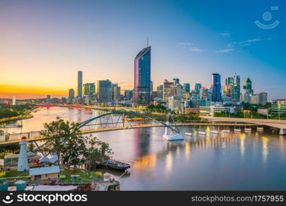 Brisbane city skyline and Brisbane river at twilight in Australia