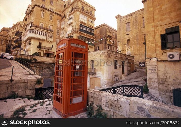 Brithish Telephone Cabin in the old Town of Valletta on Malta in Europe.. EUROPE MALTA VALLETTA