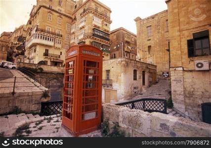 Brithish Telephone Cabin in the old Town of Valletta on Malta in Europe.. EUROPE MALTA VALLETTA