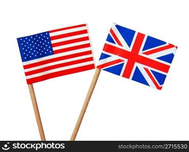British and American flags. The national flag of the United Kingdom (UK) and United States of America (USA) - isolated over white background - selective focus