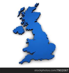 British design with 3d shape of United Kingdom map colored in blue and isolated on white background.