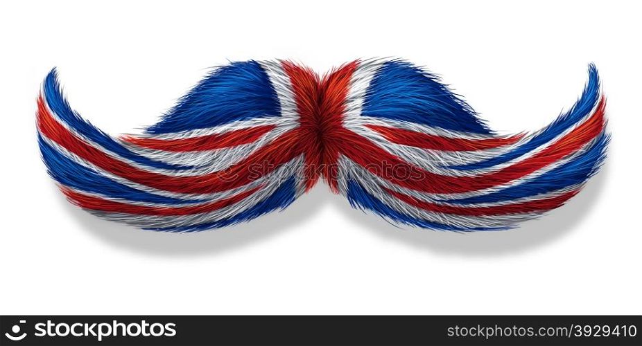 British mustache symbol with the flag of Britain as an icon of a European macho male culture or concept for an English restaurant or old money icon on a white background.