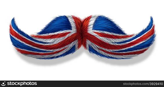 British mustache symbol with the flag of Britain as an icon of a European macho male culture or concept for an English restaurant or old money icon on a white background.