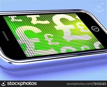 British Pounds Signs On A Mobile Phone Screen. British Pounds Signs On A Mobile Smartphone Screen