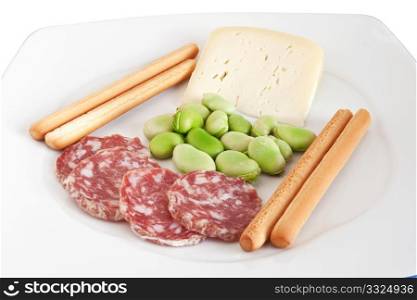broad beans with cheese breadsticks and salami