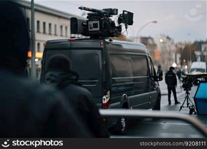 broadcasting van, with reporter broadcasting live on breaking news story, created with generative ai. broadcasting van, with reporter broadcasting live on breaking news story