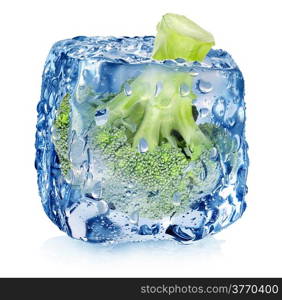 Broccoli in ice cube isolated on white