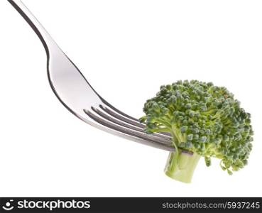 Broccoli on fork isolated on white background cutout. Healthy eating concept.