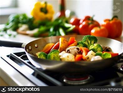 Broccoli,paprika pepper,carrots in frying pan on light kitchen background.AI Generative
