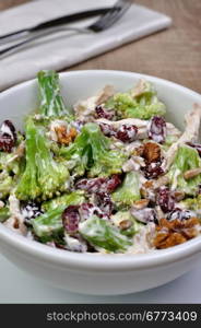 Broccoli salad with chicken, walnuts, sunflower seeds, cranberries and yogurt