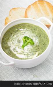 Brocolli cream soup in a white bowl. Brocolli cream soup