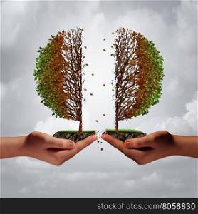 Broken and divided trouble concept as two diverse hands tearing apart a tree resulting in damage and weakness as a business metaphor for harmful disagreement and disunity with 3D illustration elements.
