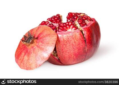 Broken Bright Ripe Juicy Pomegranate With Lid Near Isolated On White Background