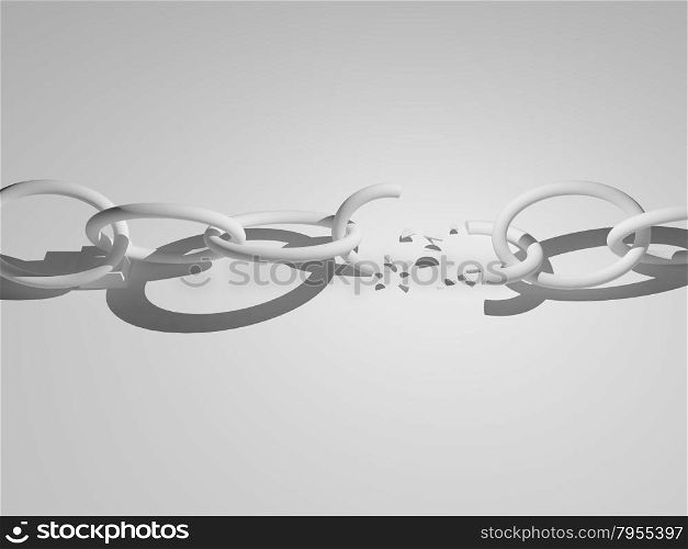 Broken chain over gray background, 3d render, horizontal image
