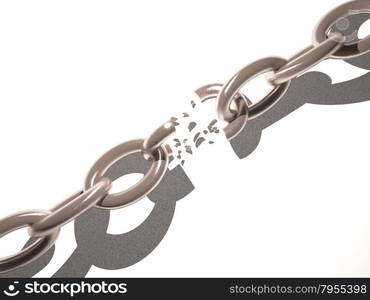 Broken chain over white background, 3d render, horizontal image