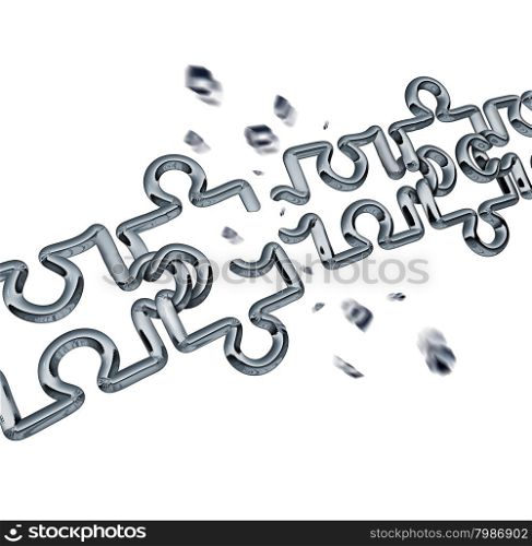 Broken chain puzzle business concept as metal links shaped as jigsaw puzzle pieces breaking apart exploding shards of chrome as a metaphor for breaking free and freedom success or partnership failure on a white background.