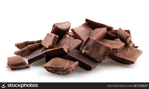 Broken chocolate bar on a white background.