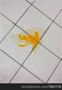 Broken egg on the tile kitchen floor. Accident in the kitchen.