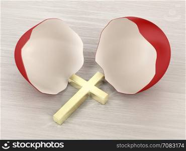 Broken eggshell with Christian golden cross inside