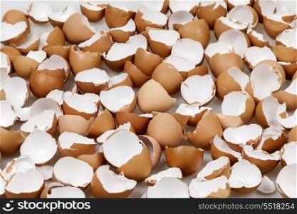 Broken eggshells. Background of many broken brown empty eggshells
