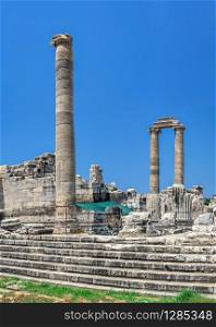 Broken Ionic Columns in the Temple of Apollo at Didyma, Turkey, on a sunny summer day. Ionic Columns in the Temple of Apollo at Didyma, Turkey