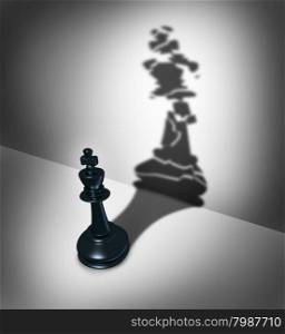 Broken leadership business crisis concept and weak leader metaphor as a three dimensional chess piece casting a shadow as a cracked icon as a symbol of management failure.