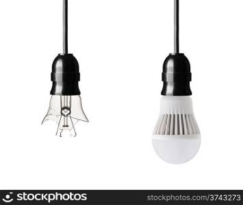 broken light bulb and LED bulb isolated on white