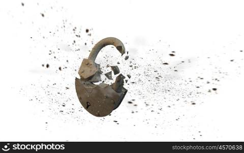 Broken lock. Conceptual image with stone broken lock on white background