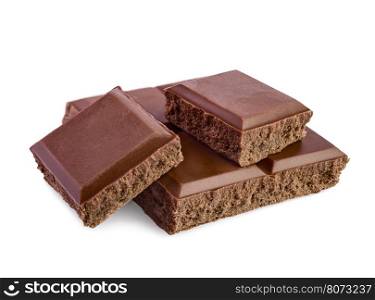 broken pieces of chocolate bar isolated on white