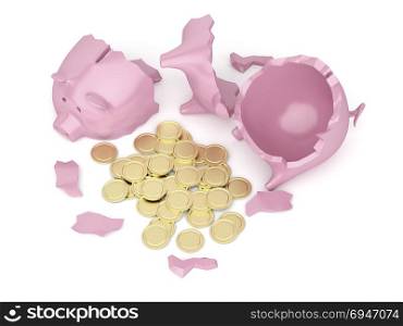 Broken piggy bank with many golden coins inside